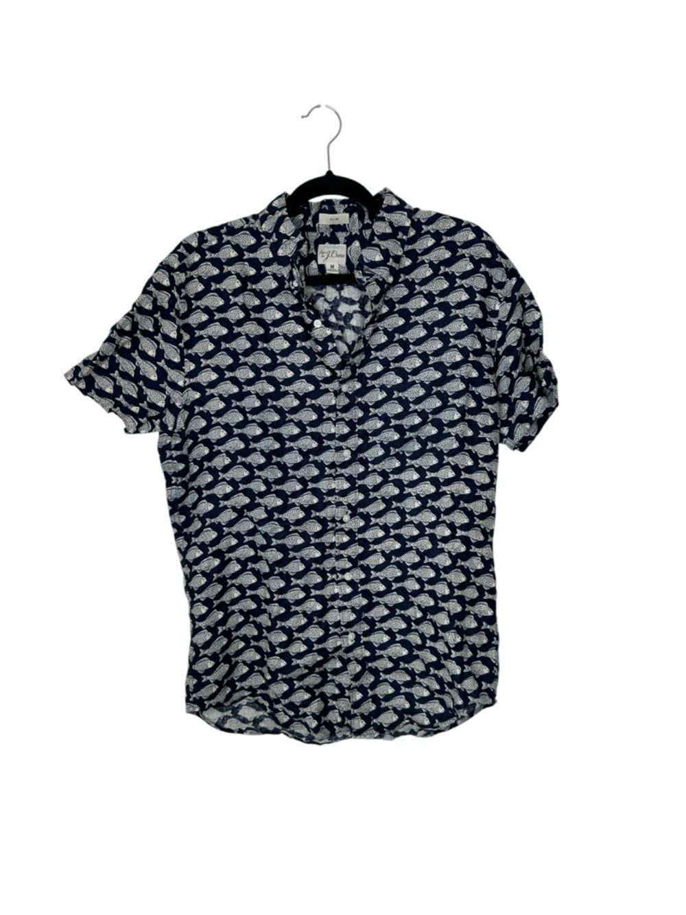 J.Crew 100% Linen Navy Fish Print Collared Short Sleeve Button Up Shirt Top m